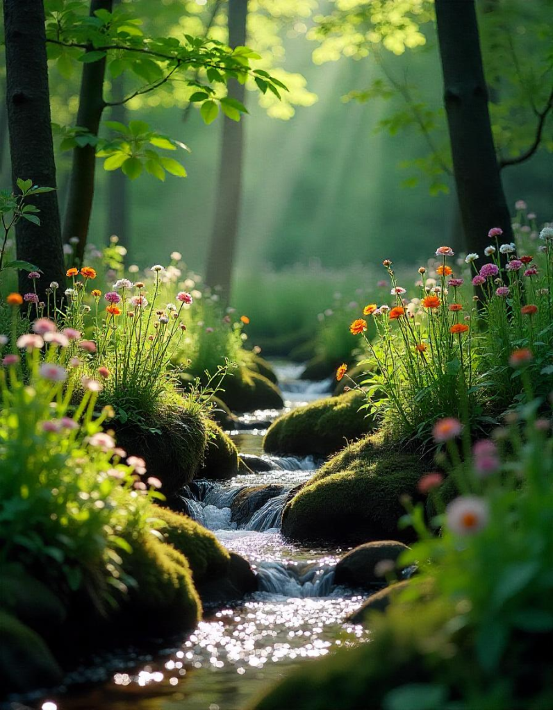 A serene forest scene featuring a gentle stream surrounded by lush green trees and colorful wildflowers, illuminated by soft rays of sunlight.